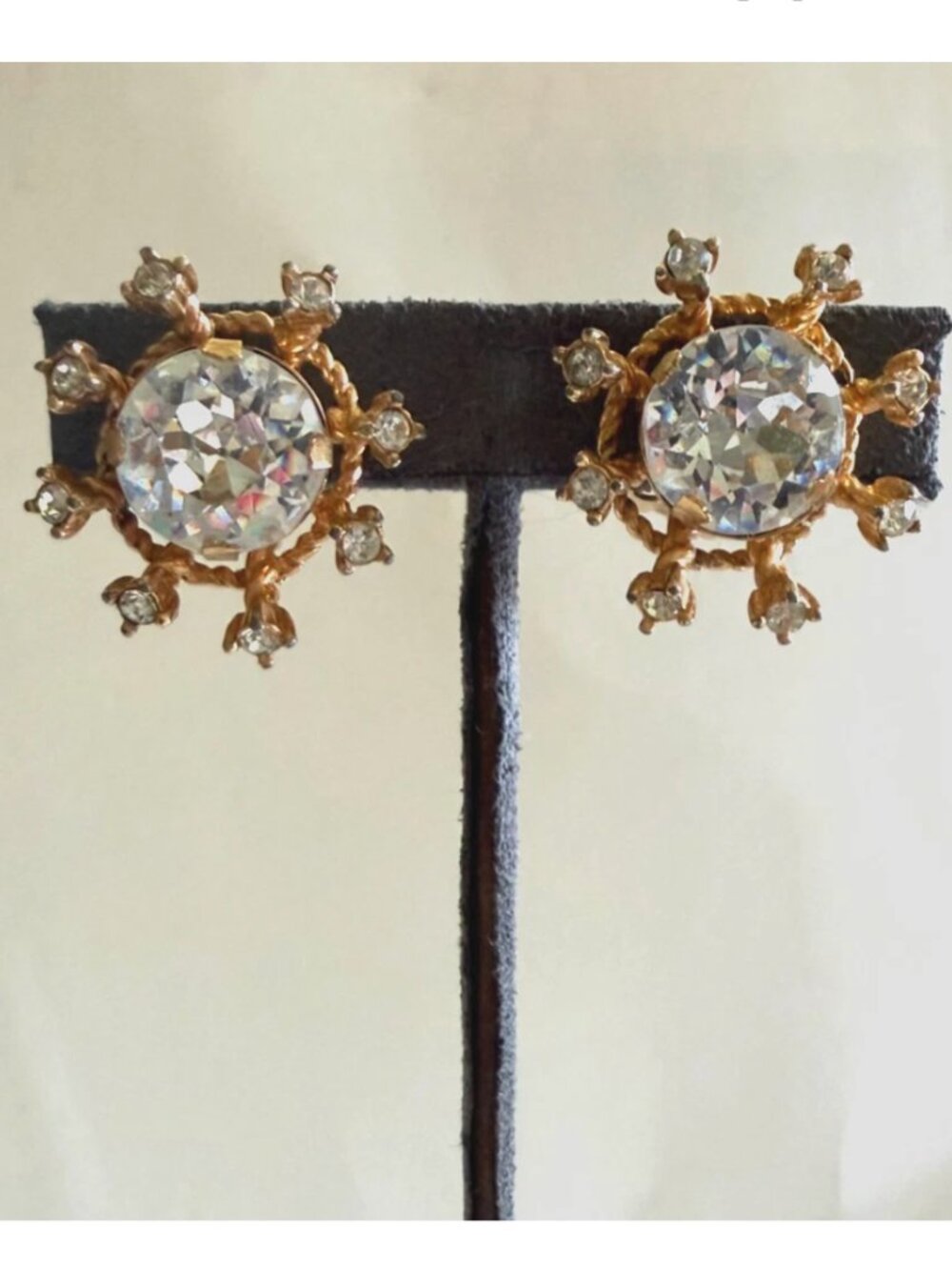 Vintage Signed Gold & Rhinestone Marvella Crown Shaped Solitaire Earrings